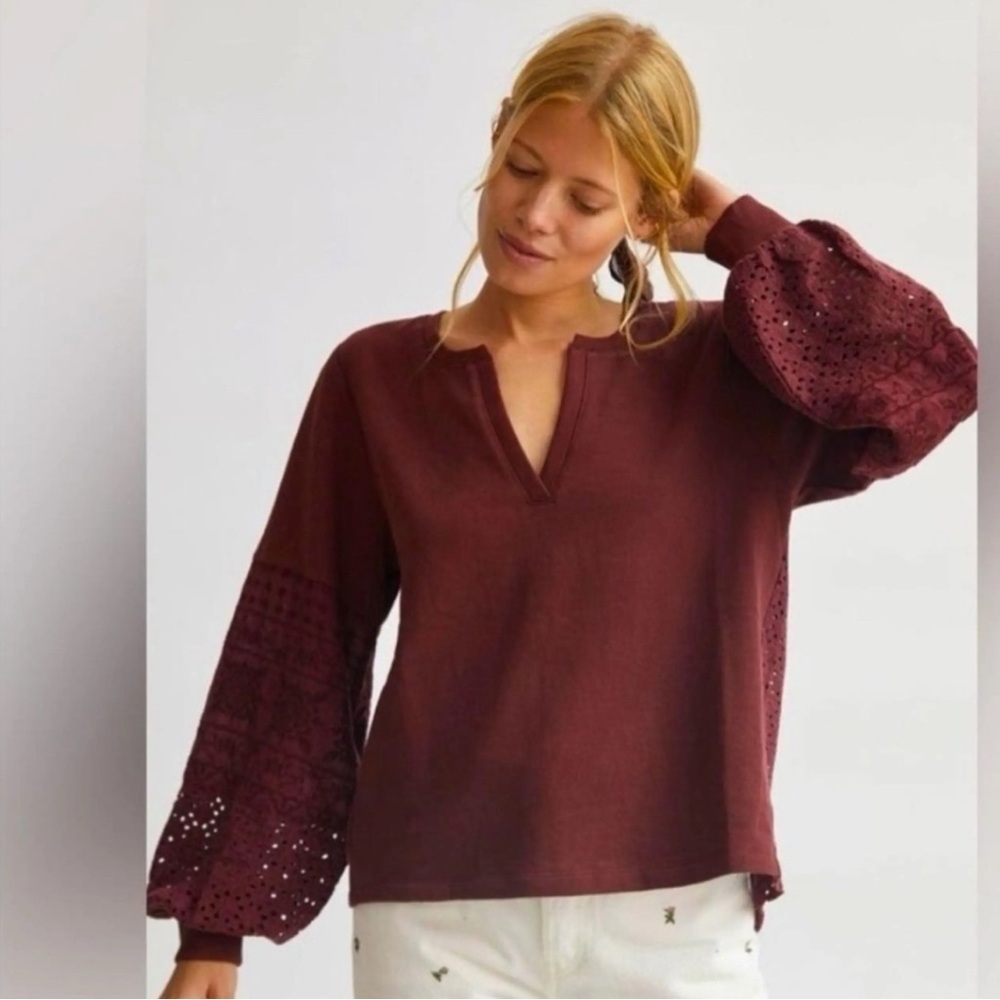 Anthropologie Burgundy Eyelet Embroidered Balloon Sleeve Pullover Top - Large